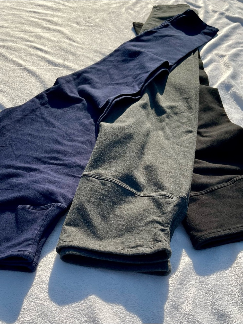 Set of Three High-Waist Leggings by YUMMIE in Navy, Charcoal, and Black. size L